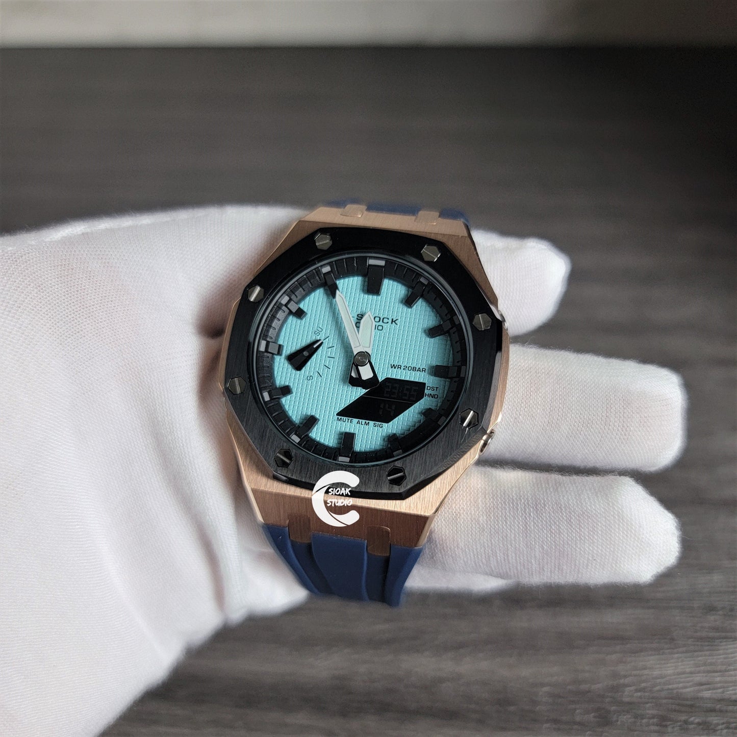 Casioak Mod Watch Black Rose Gold Case Black Rubber Strap Black Time Mark Tiff Blue Dial 44mm- Casioak Mod Casio G-Shock Royal Oak Custom Mens Luxury Watches Ga2100