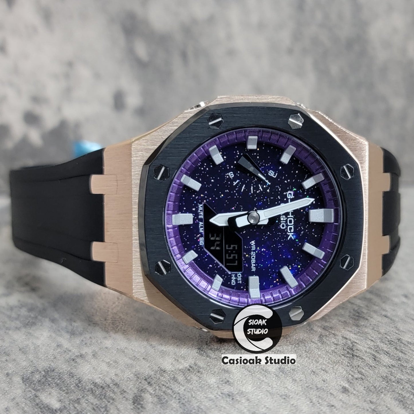 Casioak Mod Watch Black Rose Gold Case Black Rubber Strap Purple Silver Time Mark Purple Dial 44mm- Casioak Mod Casio G-Shock Royal Oak Custom Mens Luxury Watches Ga2100