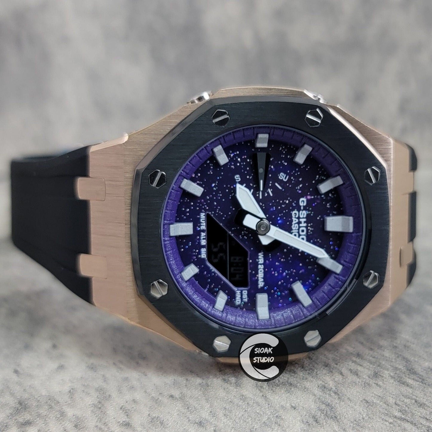 Casioak Mod Watch Black Rose Gold Case Black Rubber Strap Purple Silver Time Mark Purple Dial 44mm  Christ- Casioak Mod Casio G-Shock Royal Oak Custom Mens Luxury Watches Ga2100