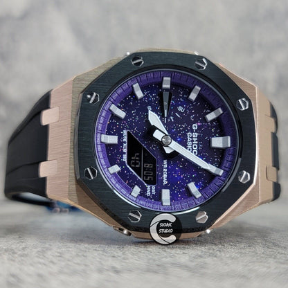 Casioak Mod Watch Black Rose Gold Case Black Rubber Strap Purple Silver Time Mark Purple Dial 44mm  Christ- Casioak Mod Casio G-Shock Royal Oak Custom Mens Luxury Watches Ga2100