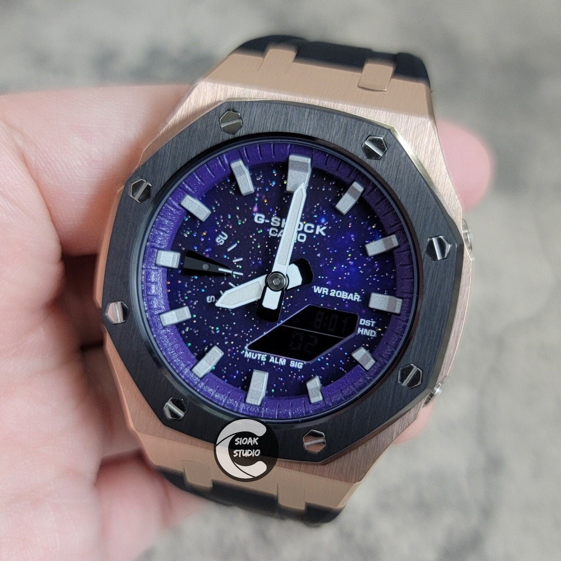 Casioak Mod Watch Black Rose Gold Case Black Rubber Strap Purple Silver Time Mark Purple Dial 44mm  Christ- Casioak Mod Casio G-Shock Royal Oak Custom Mens Luxury Watches Ga2100