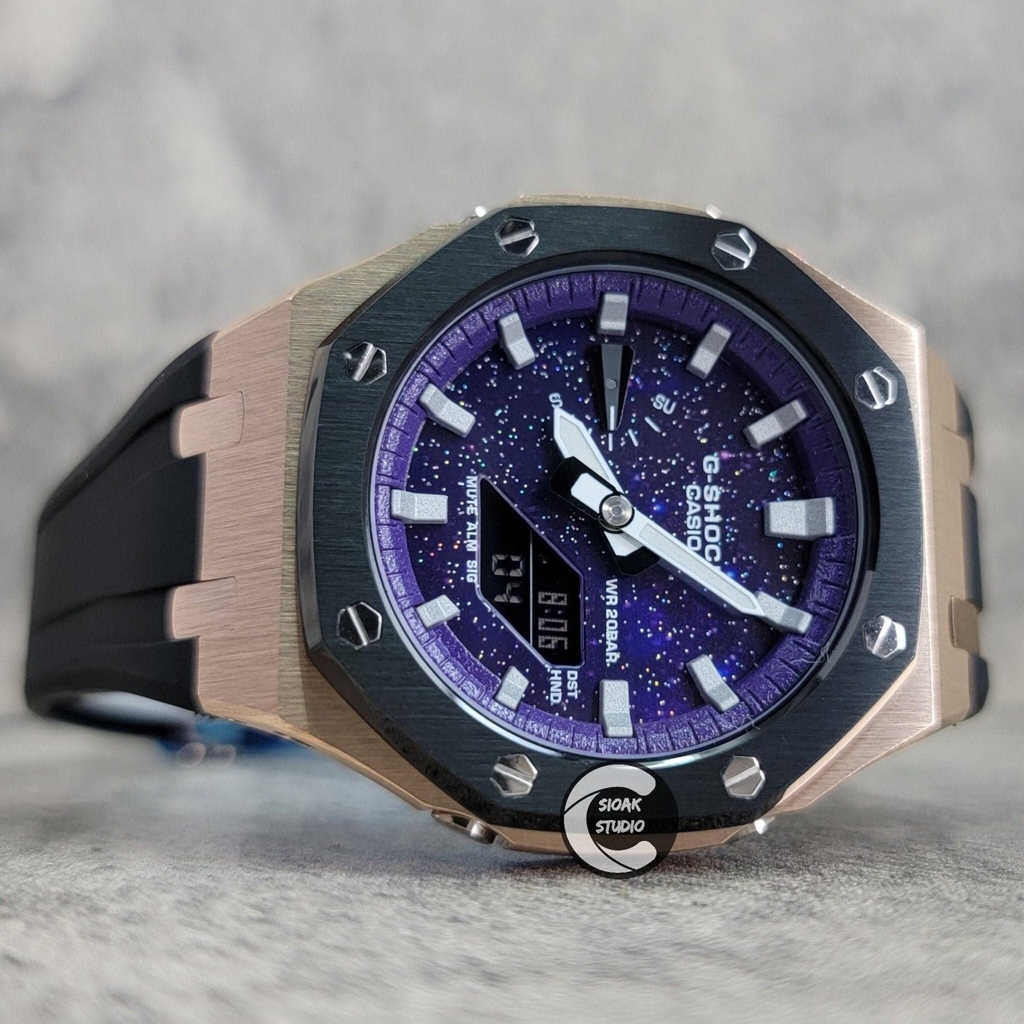 Casioak Mod Watch Black Rose Gold Case Black Rubber Strap Purple Silver Time Mark Purple Dial 44mm  Christ- Casioak Mod Casio G-Shock Royal Oak Custom Mens Luxury Watches Ga2100