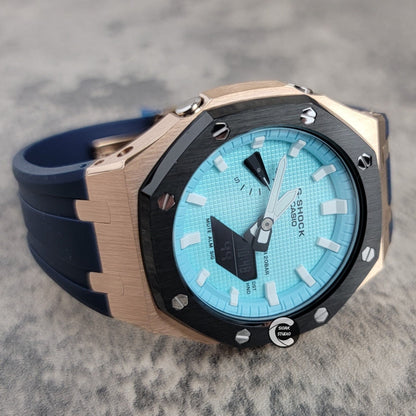 Casioak Mod Watch Black Rose Gold Case Black Rubber Strap Tiff Silver Time Mark Tiff Blue Dial 44mm- Casioak Mod Casio G-Shock Royal Oak Custom Mens Luxury Watches Ga2100