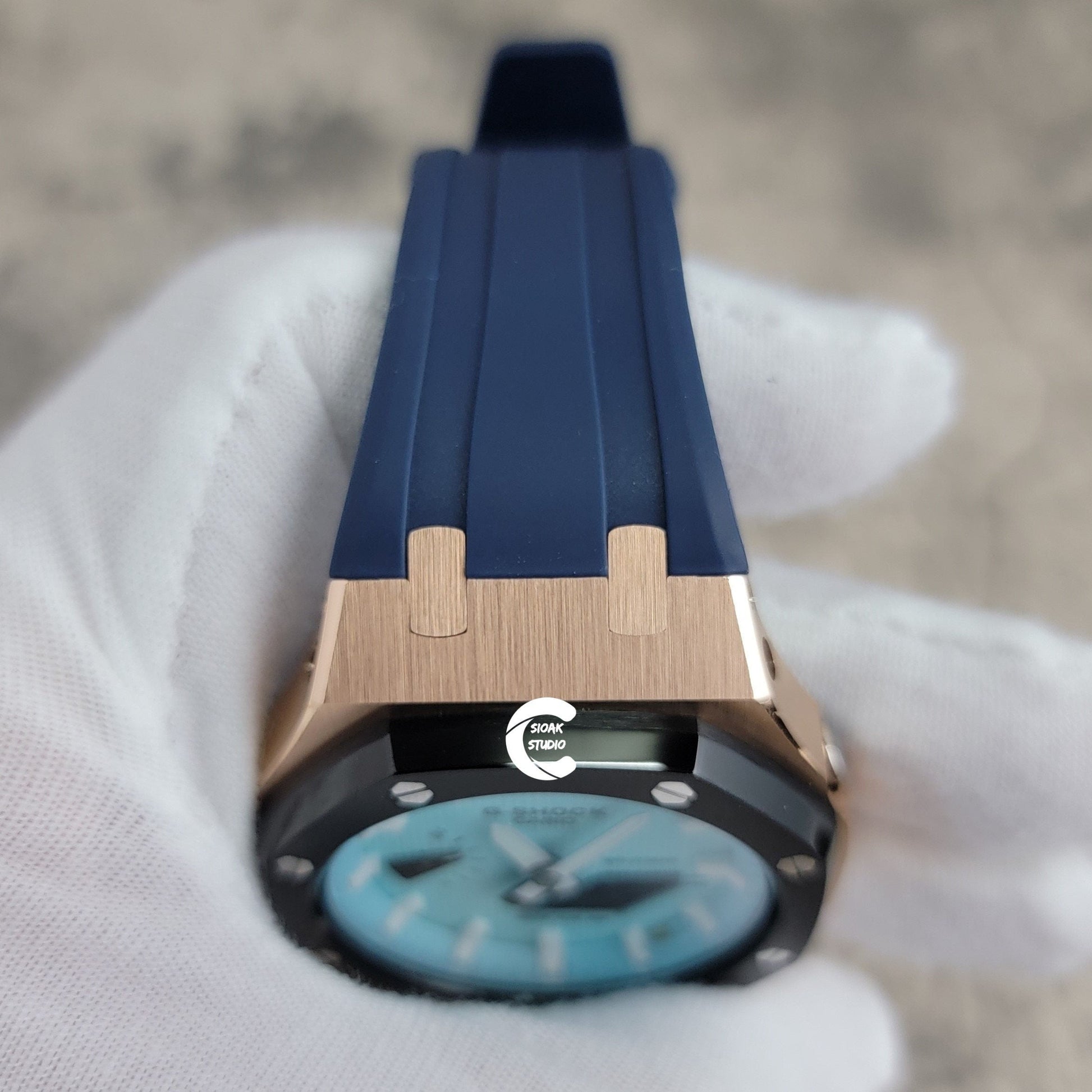 Casioak Mod Watch Black Rose Gold Case Black Rubber Strap Tiff Silver Time Mark Tiff Blue Dial 44mm- Casioak Mod Casio G-Shock Royal Oak Custom Mens Luxury Watches Ga2100