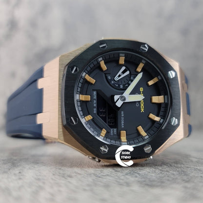 Casioak Mod Watch Black Rose Gold Case Blue Rubber Strap Black Gold Time Mark Black Dial 44mm- Casioak Mod Casio G-Shock Royal Oak Custom Mens Luxury Watches Ga2100