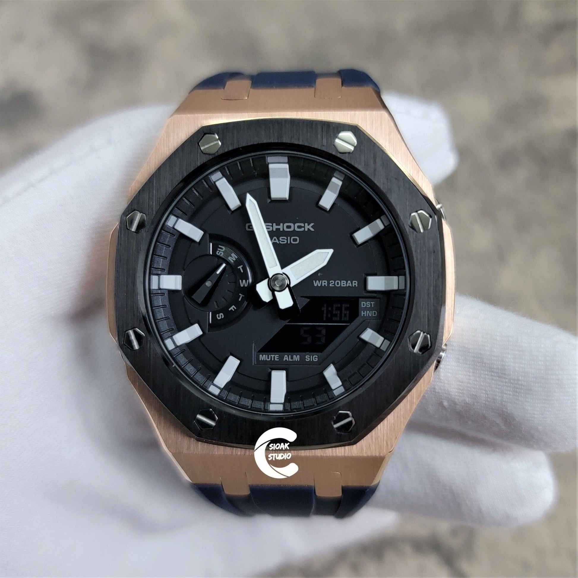 Casioak Mod Watch Black Rose Gold Case Blue Rubber Strap Black Light Gray Time Mark Black Dial 44mm- Casioak Mod Casio G-Shock Royal Oak Custom Mens Luxury Watches Ga2100