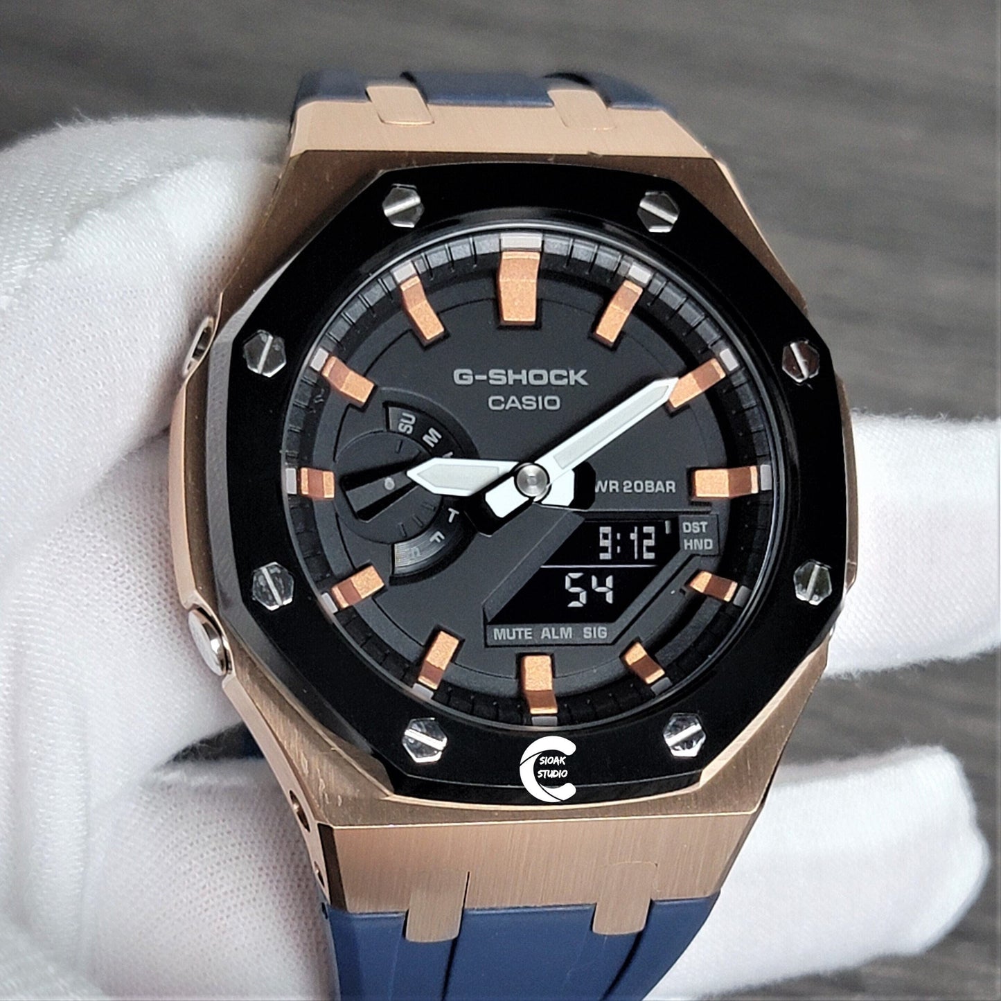 Casioak Mod Watch Black Rose Gold Case Blue Rubber Strap Black Rose Gold Time Mark Black Dial 44mm- Casioak Mod Casio G-Shock Royal Oak Custom Mens Luxury Watches Ga2100