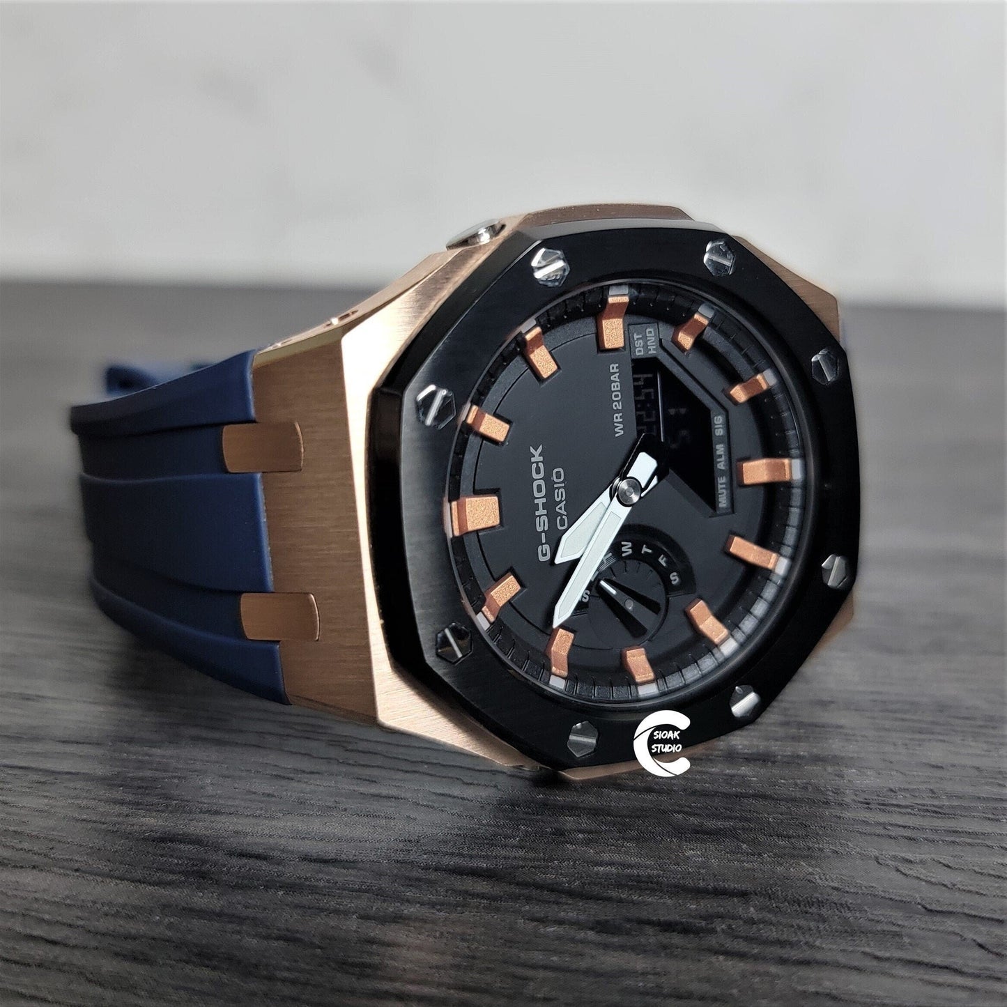 Casioak Mod Watch Black Rose Gold Case Blue Rubber Strap Black Rose Gold Time Mark Black Dial 44mm- Casioak Mod Casio G-Shock Royal Oak Custom Mens Luxury Watches Ga2100