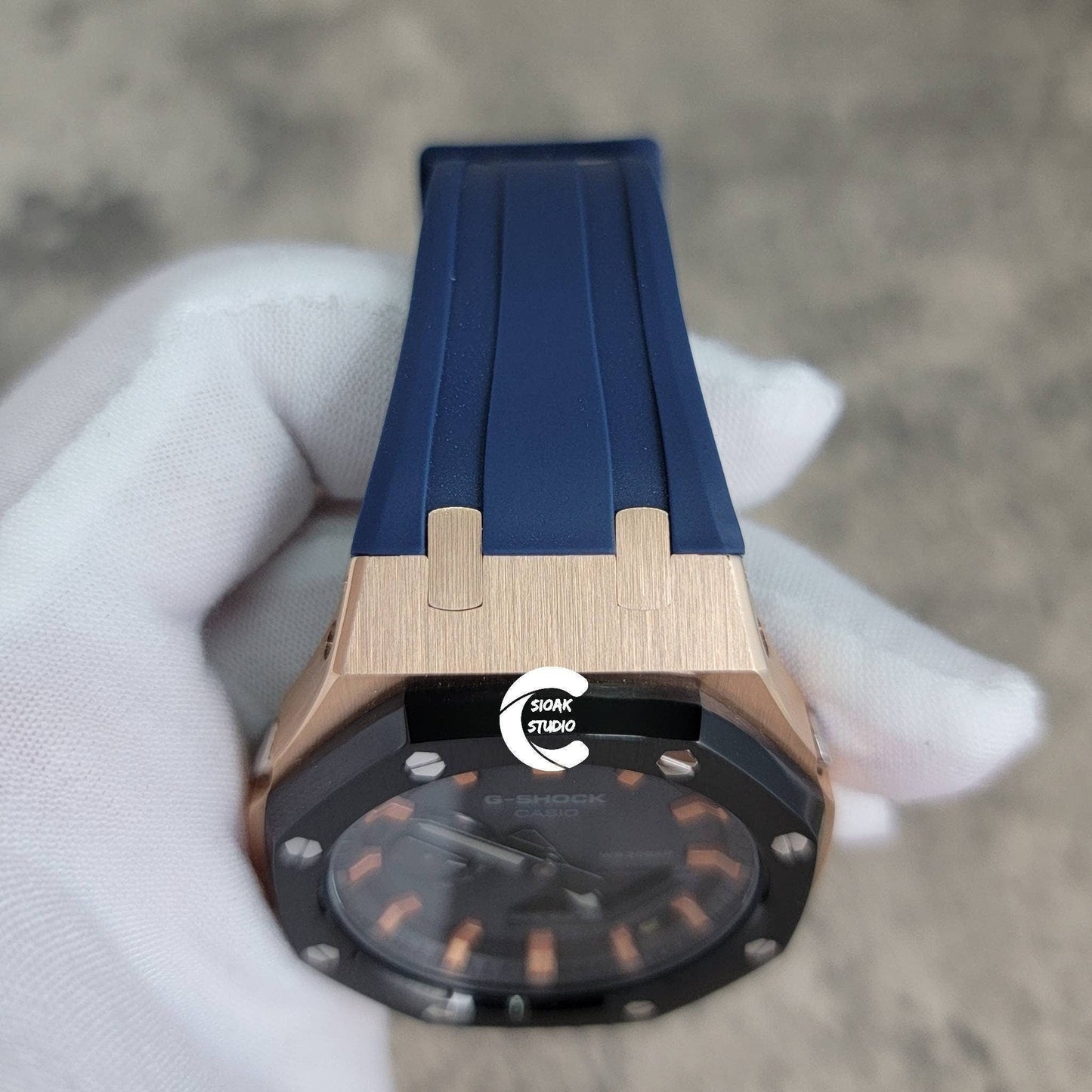 Casioak Mod Watch Black Rose Gold Case Blue Rubber Strap Black Rose Gold Time Mark Black Dial 44mm- Casioak Mod Casio G-Shock Royal Oak Custom Mens Luxury Watches Ga2100