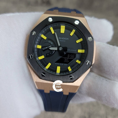 Casioak Mod Watch Black Rose Gold Case Blue Rubber Strap Black Yellow Time Mark Black Dial 44mm- Casioak Mod Casio G-Shock Royal Oak Custom Mens Luxury Watches Ga2100