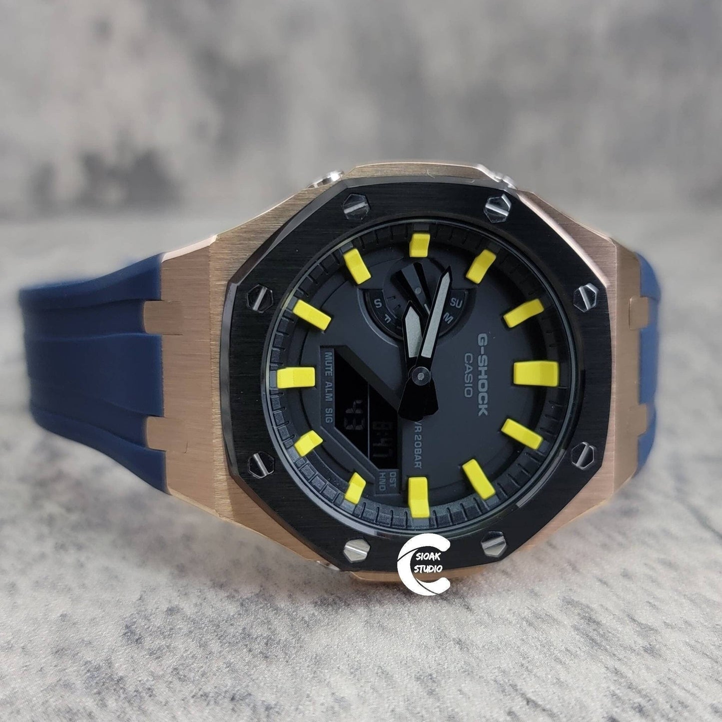 Casioak Mod Watch Black Rose Gold Case Blue Rubber Strap Black Yellow Time Mark Black Dial 44mm- Casioak Mod Casio G-Shock Royal Oak Custom Mens Luxury Watches Ga2100