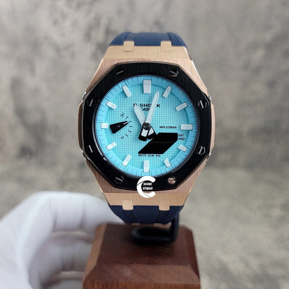 Casioak Mod Watch Black Rose Gold Case Blue Rubber Strap Tiff White Time Mark Tiff Blue Dial 44mm- Casioak Mod Casio G-Shock Royal Oak Custom Mens Luxury Watches Ga2100