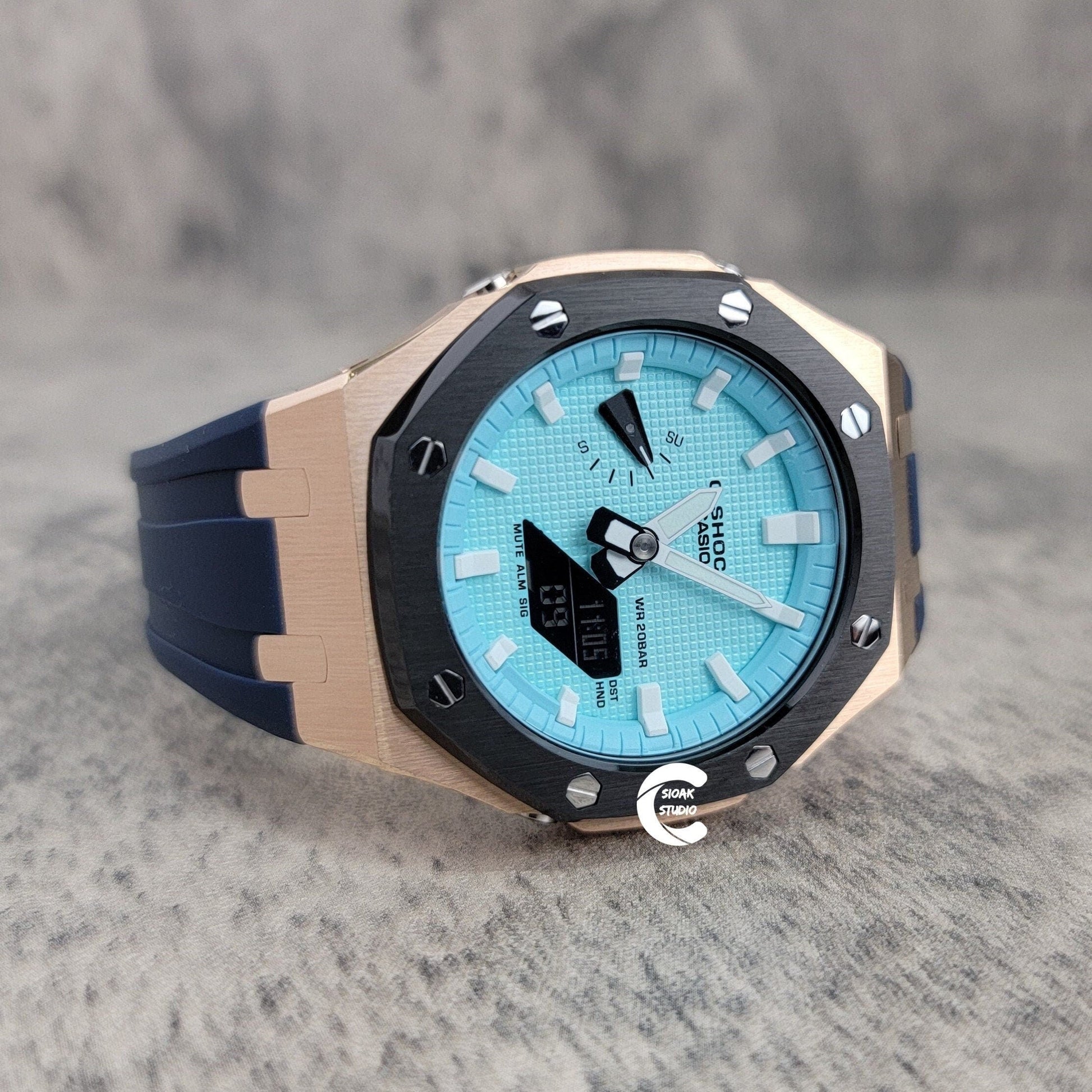 Casioak Mod Watch Black Rose Gold Case Blue Rubber Strap Tiff White Time Mark Tiff Blue Dial 44mm- Casioak Mod Casio G-Shock Royal Oak Custom Mens Luxury Watches Ga2100