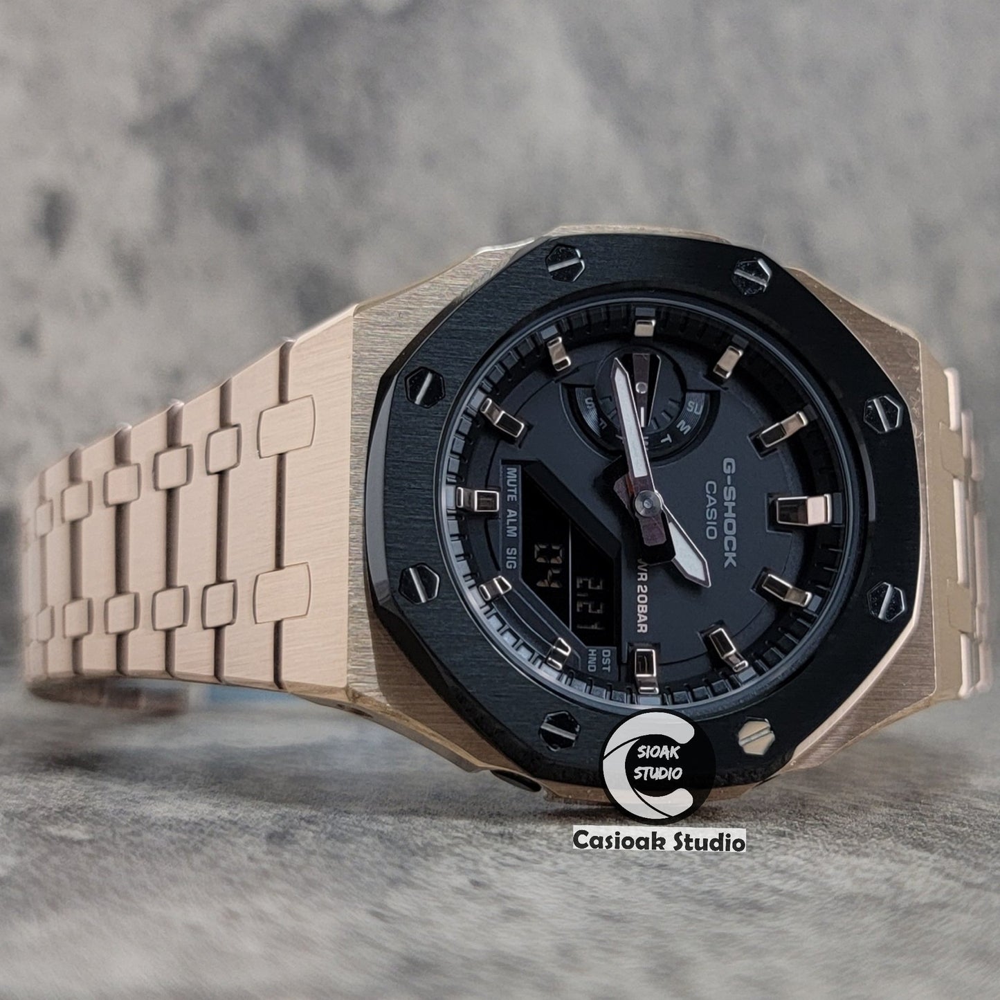 Casioak Mod Watch Black Rose Gold Case Metal Strap Black Rose Gold Time Mark Black Dial 42mm- Casioak Mod Casio G-Shock Royal Oak Custom Mens Luxury Watches Ga2100