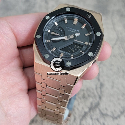 Casioak Mod Watch Black Rose Gold Case Metal Strap Black Rose Gold Time Mark Black Dial 42mm- Casioak Mod Casio G-Shock Royal Oak Custom Mens Luxury Watches Ga2100