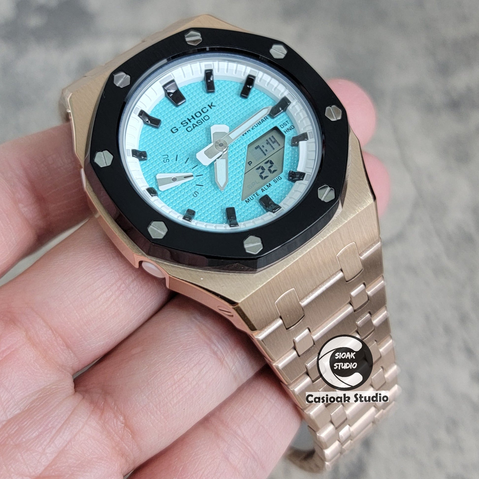 Casioak Mod Watch Black Rose Gold Case Metal Strap White Black Time Mark Tiff Blue Dial 42mm- Casioak Mod Casio G-Shock Royal Oak Custom Mens Luxury Watches Ga2100