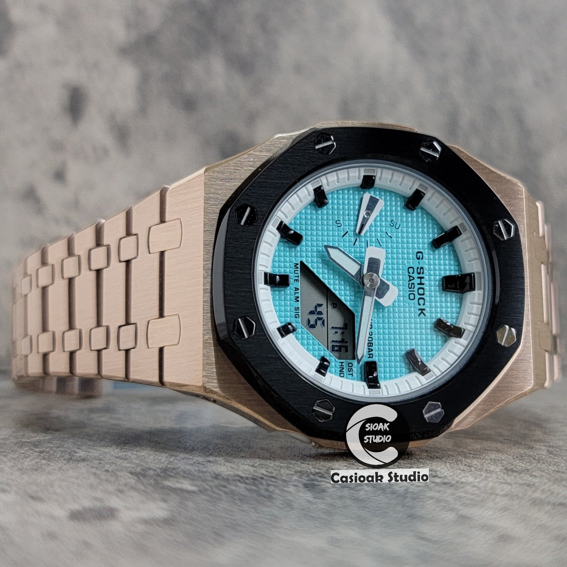 Casioak Mod Watch Black Rose Gold Case Metal Strap White Black Time Mark Tiff Blue Dial 42mm- Casioak Mod Casio G-Shock Royal Oak Custom Mens Luxury Watches Ga2100