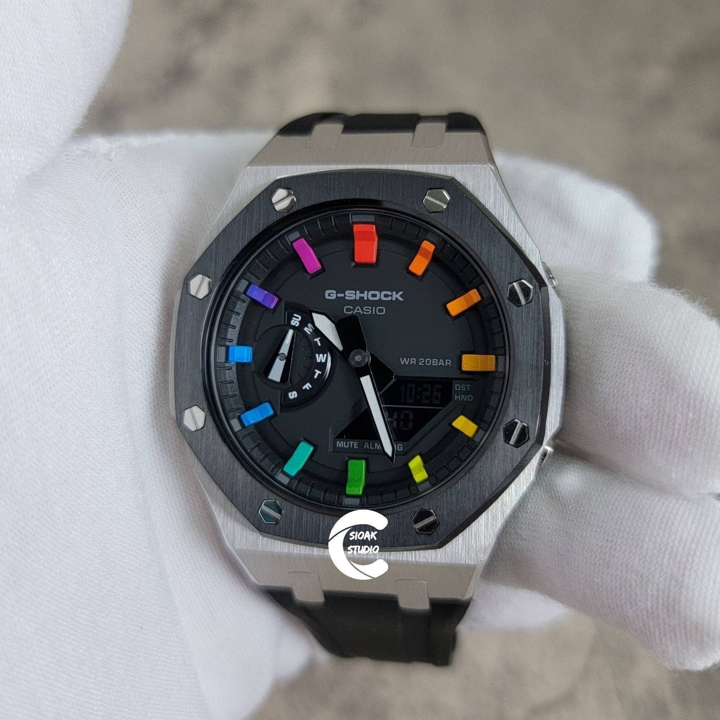 Casioak Mod Watch Black Silver Case Black Rubber Strap Black Rainbow Time Mark Black Dial 44mm- Casioak Mod Casio G-Shock Royal Oak Custom Mens Luxury Watches Ga2100