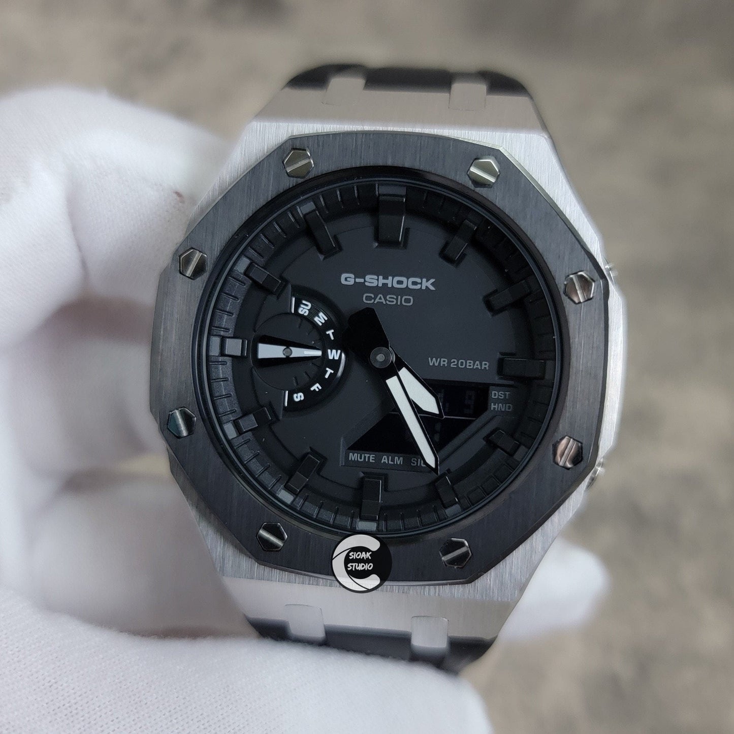 Casioak Mod Watch Black Silver Case Black Rubber Strap Black Time Mark Black Dial 44mm- Casioak Mod Casio G-Shock Royal Oak Custom Mens Luxury Watches Ga2100