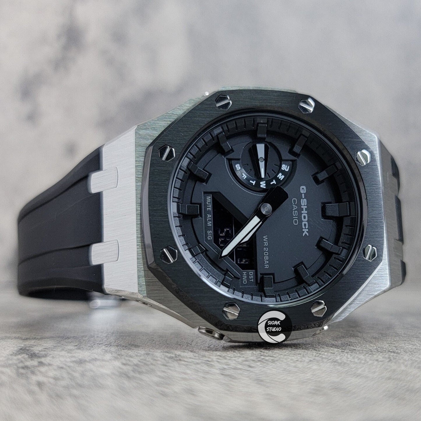 Casioak Mod Watch Black Silver Case Black Rubber Strap Black Time Mark Black Dial 44mm- Casioak Mod Casio G-Shock Royal Oak Custom Mens Luxury Watches Ga2100