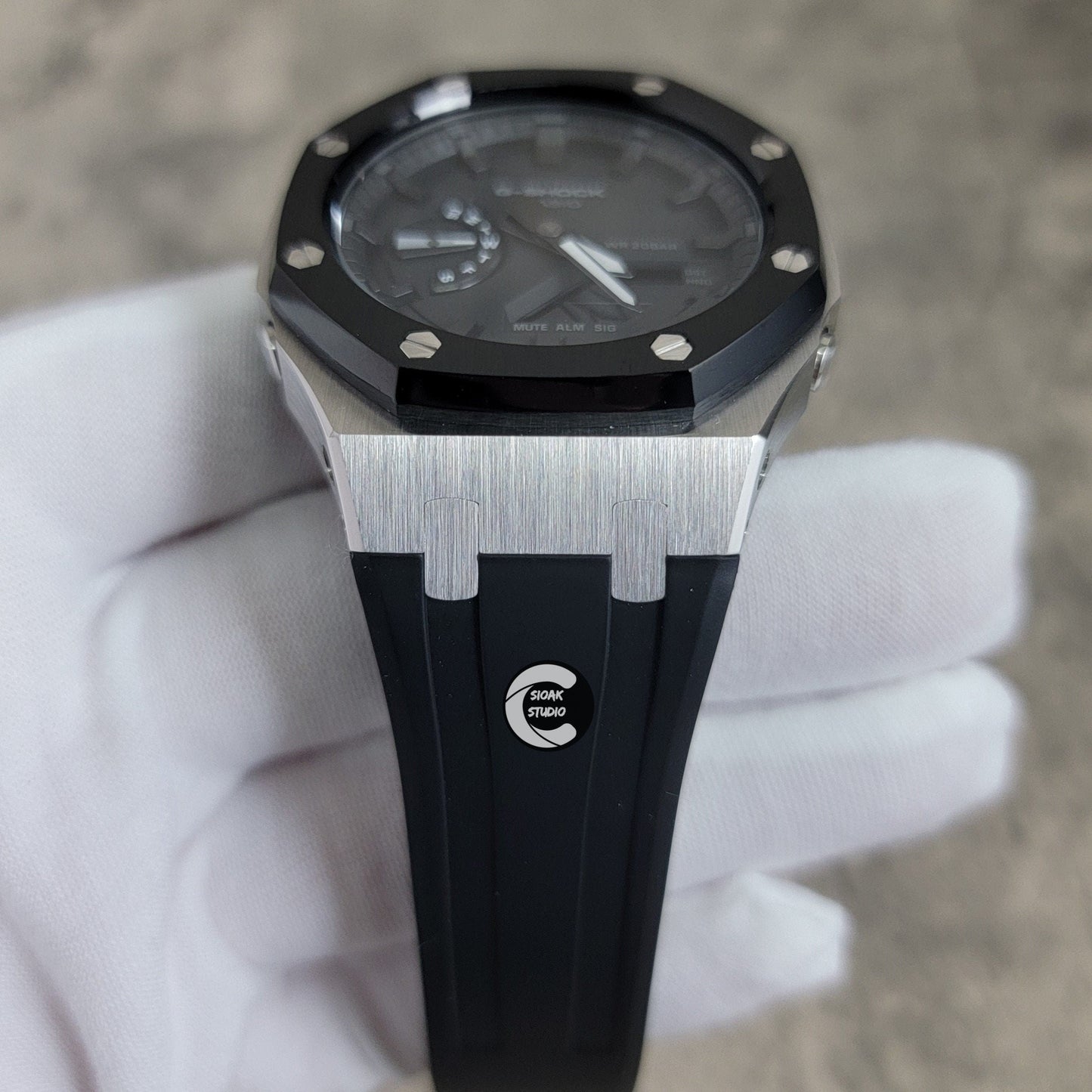 Casioak Mod Watch Black Silver Case Black Rubber Strap Black Time Mark Black Dial 44mm- Casioak Mod Casio G-Shock Royal Oak Custom Mens Luxury Watches Ga2100