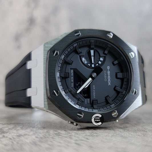 Casioak Mod Watch Black Silver Case Black Rubber Strap Black Time Mark Black Dial 44mm- Casioak Mod Casio G-Shock Royal Oak Custom Mens Luxury Watches Ga2100