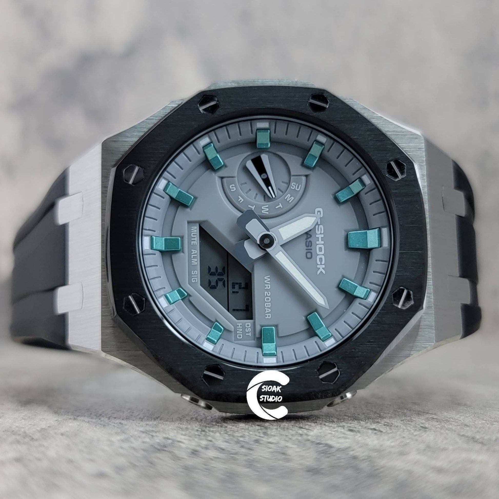 Casioak Mod Watch Black Silver Case Black Rubber Strap Light Gray Turquoise Time Mark Gray Dial 44mm- Casioak Mod Casio G-Shock Royal Oak Custom Mens Luxury Watches Ga2100