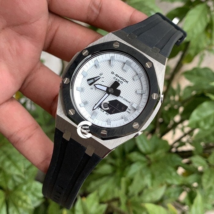 Casioak Mod Watch Black Silver Case Black Rubber Strap White Silver Time Mark White Dial 44mm- Casioak Mod Casio G-Shock Royal Oak Custom Mens Luxury Watches Ga2100