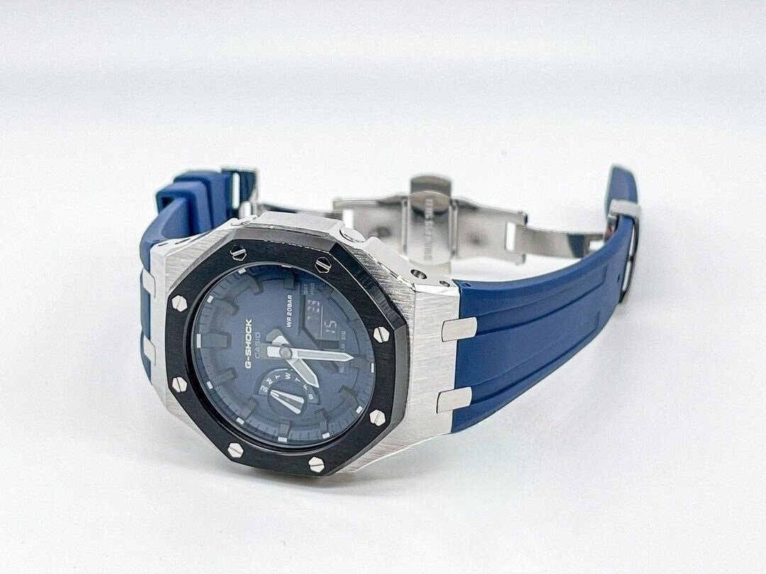 Casioak Mod Watch Black Silver Case Blue Rubber Strap Blue Black Time Mark Blue Dial 44mm- Casioak Mod Casio G-Shock Royal Oak Custom Mens Luxury Watches Ga2100