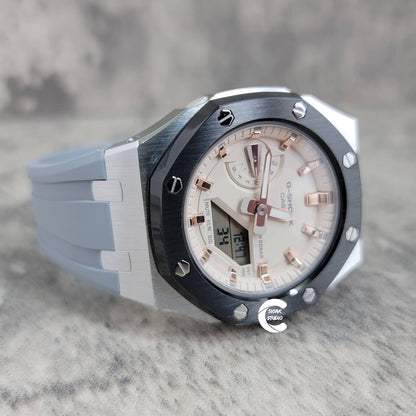 Casioak Mod Watch Black Silver Case Gray Rubber Strap Beige Rose Gold Time Mark Beige Dial 42mm- Casioak Mod Casio G-Shock Royal Oak Custom Mens Luxury Watches Ga2100