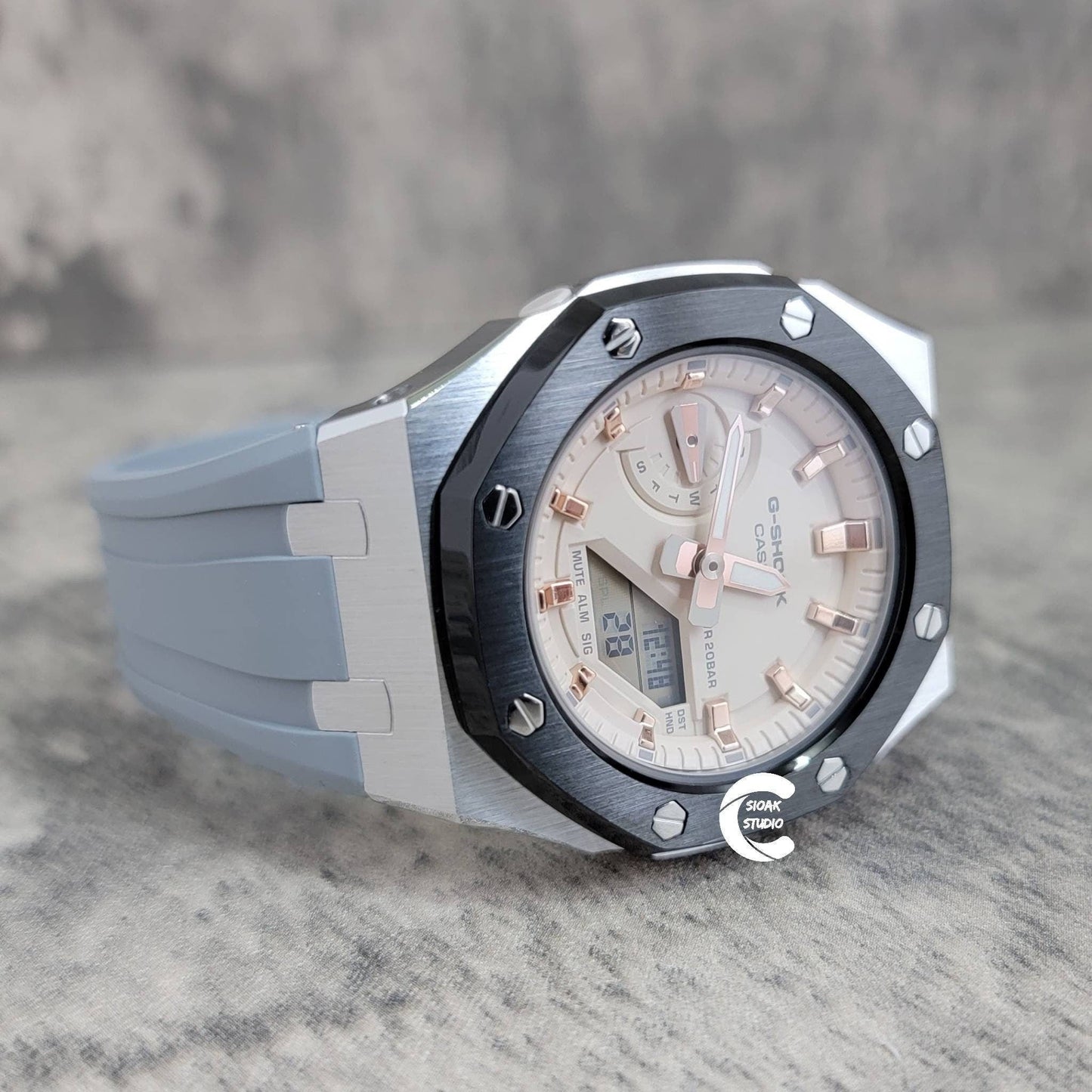 Casioak Mod Watch Black Silver Case Gray Rubber Strap Beige Rose Gold Time Mark Beige Dial 42mm Custom G-SHOCK Birthday Gifts Anniversary- Casioak Mod Casio G-Shock Royal Oak Custom Mens Luxury Watches Ga2100