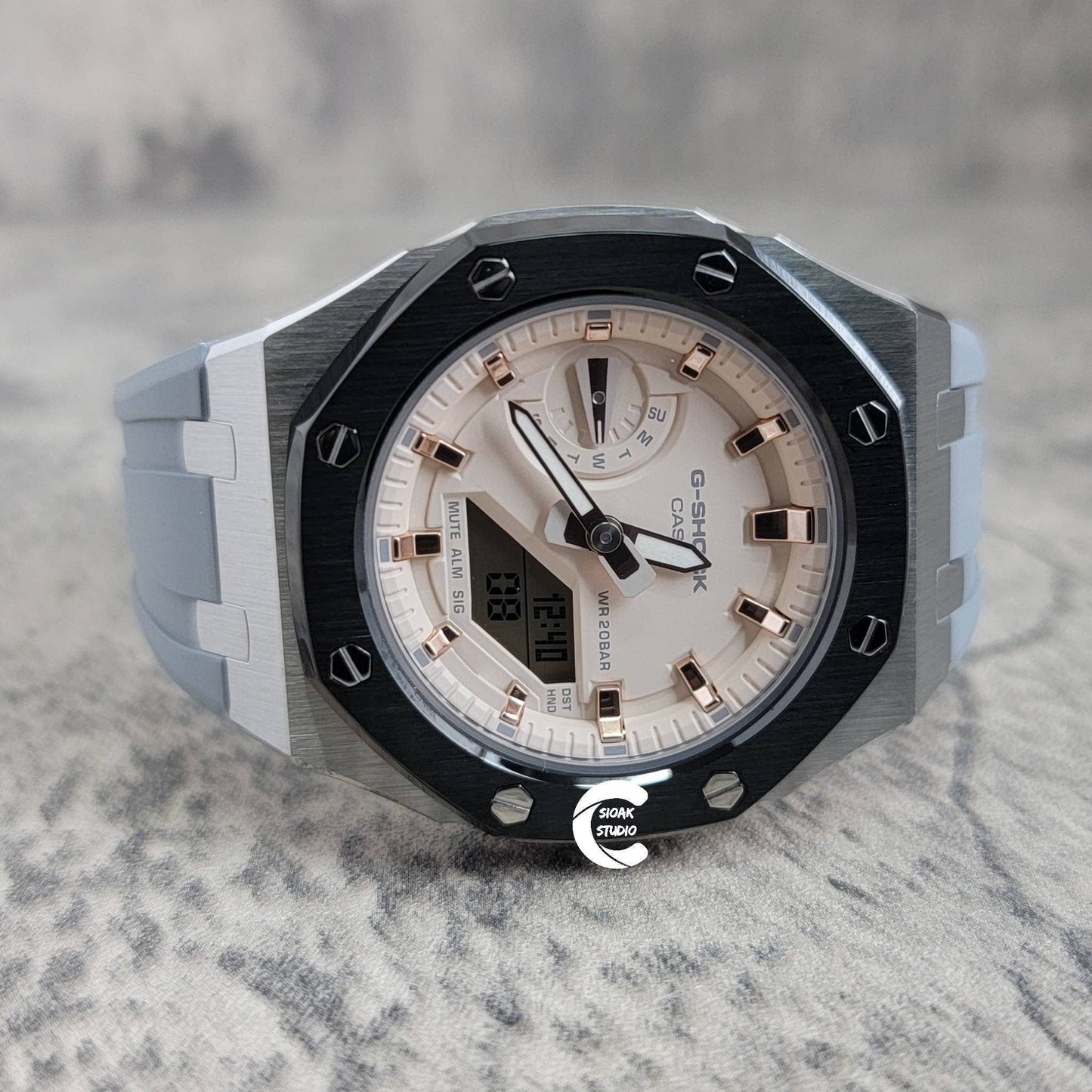 Casioak Mod Watch Black Silver Case Gray Rubber Strap Beige Rose Gold Time Mark Beige Dial 42mm Custom G-SHOCK Birthday Gifts Anniversary- Casioak Mod Casio G-Shock Royal Oak Custom Mens Luxury Watches Ga2100