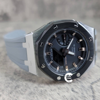 Casioak Mod Watch Black Silver Case Gray Rubber Strap Black Rose Gold Time Mark Black Dial 42mm- Casioak Mod Casio G-Shock Royal Oak Custom Mens Luxury Watches Ga2100