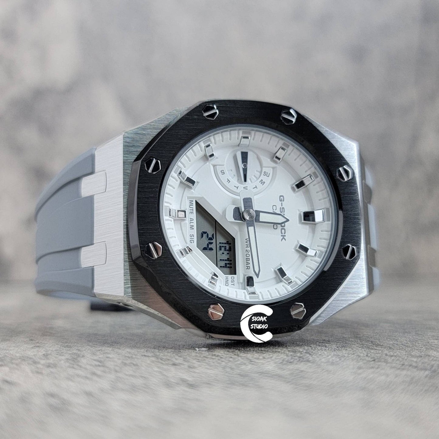 Casioak Mod Watch Black Silver Case Gray Rubber Strap White Silver Time Mark White Dial 44mm- Casioak Mod Casio G-Shock Royal Oak Custom Mens Luxury Watches Ga2100