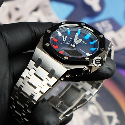 Casioak Mod Watch Black Silver Case Metal Strap Blue Rainbow Time Mark Blue Dial 44mm- Casioak Mod Casio G-Shock Royal Oak Custom Mens Luxury Watches Ga2100