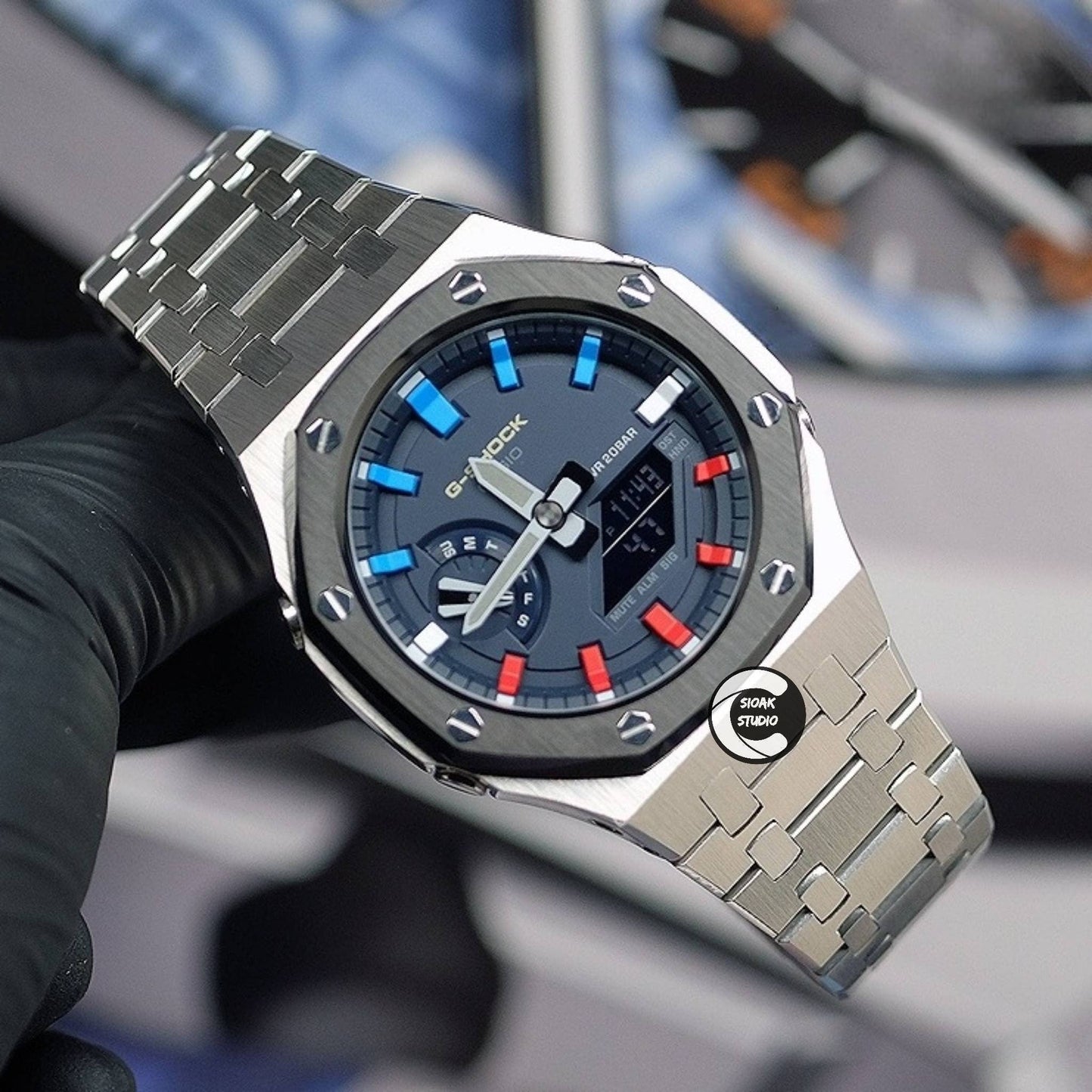 Casioak Mod Watch Black Silver Case Metal Strap Blue Rainbow Time Mark Blue Dial 44mm- Casioak Mod Casio G-Shock Royal Oak Custom Mens Luxury Watches Ga2100