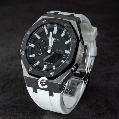 Casioak Mod Watch Black Silver Case White Rubber Strap Black Light Gray Time Mark Black Dial 44mm- Casioak Mod Casio G-Shock Royal Oak Custom Mens Luxury Watches Ga2100