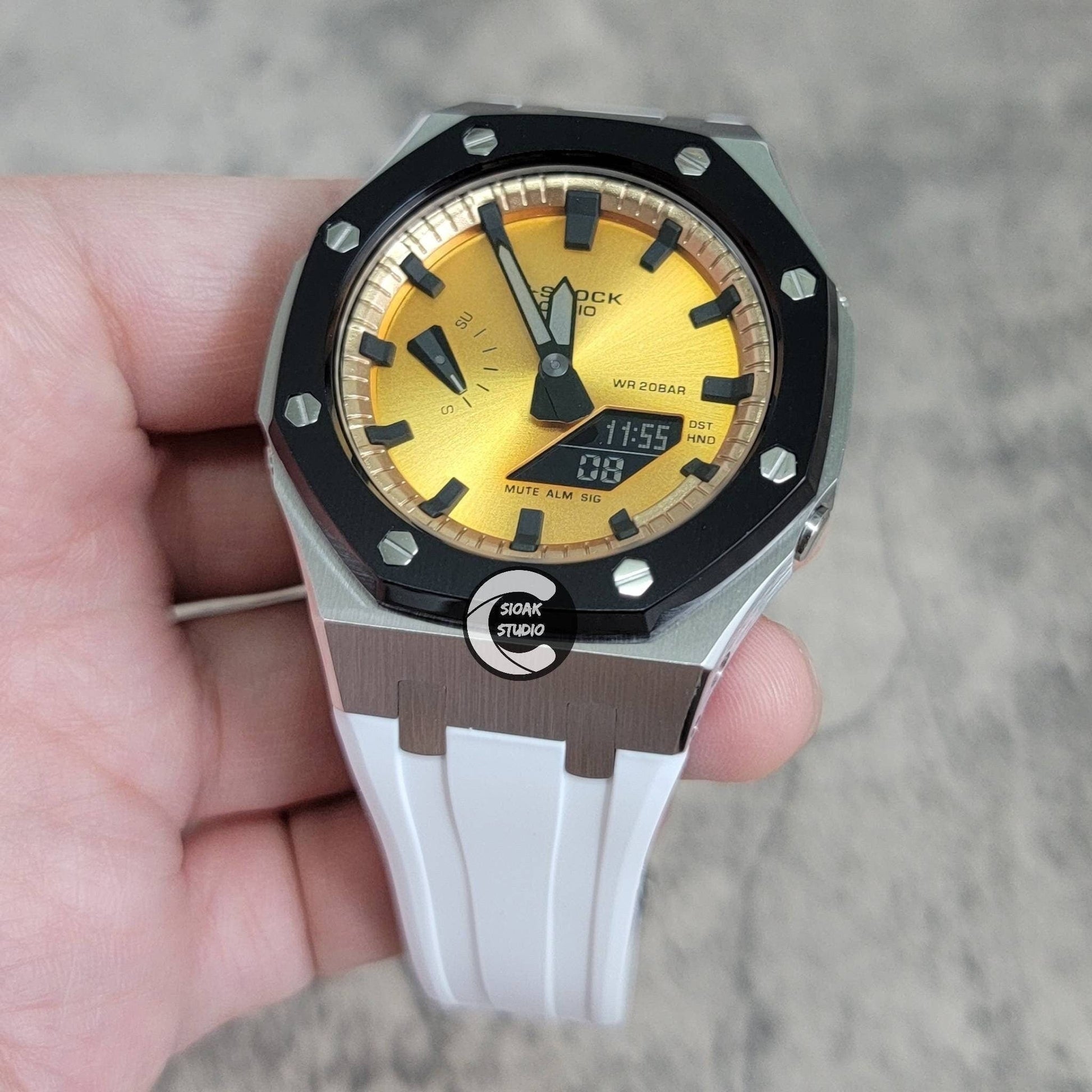 Casioak Mod Watch Black Silver Case White Rubber Strap Gold Black Time Mark Gold Dial 44mm- Casioak Mod Casio G-Shock Royal Oak Custom Mens Luxury Watches Ga2100