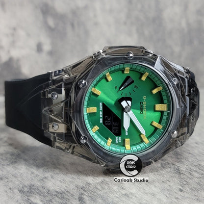 Casioak Mod Watch Black Transparent Case Black Strap Green Gold Time Mark Green Dial 44mm- Casioak Mod Casio G-Shock Royal Oak Custom Mens Luxury Watches Ga2100