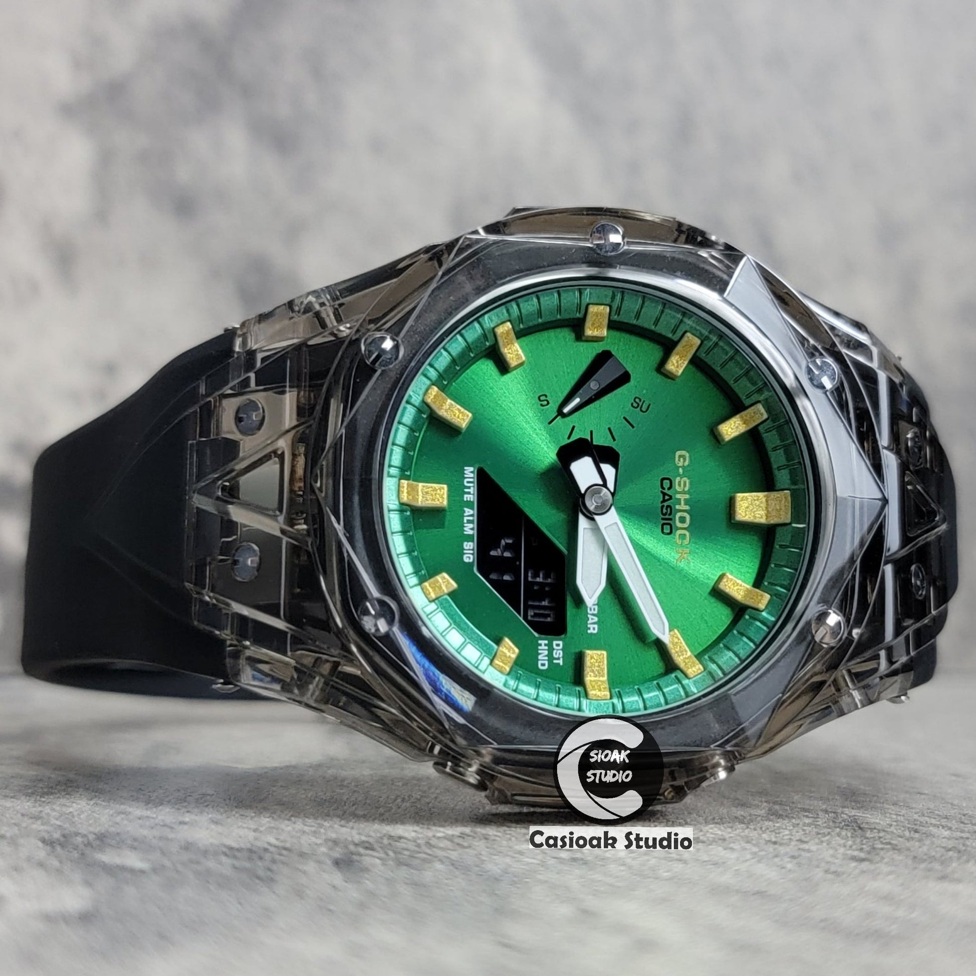 Casioak Mod Watch Black Transparent Case Black Strap Green Gold Time Mark Green Dial 44mm- Casioak Mod Casio G-Shock Royal Oak Custom Mens Luxury Watches Ga2100