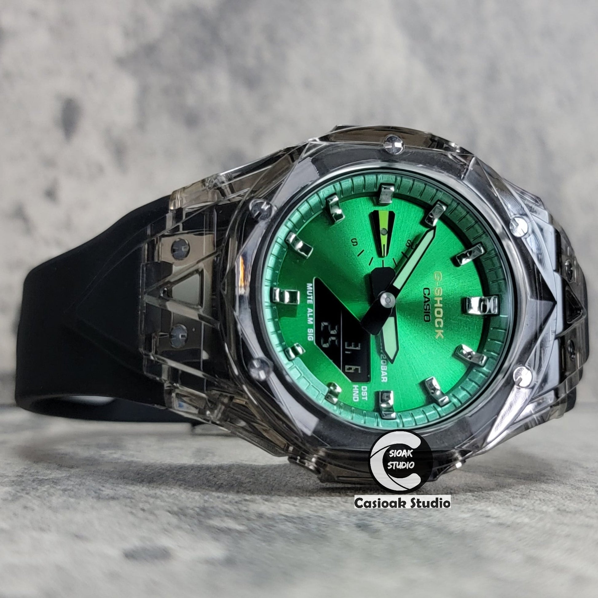 Casioak Mod Watch Black Transparent Case Black Strap Green Gunmetal Time Mark Green Dial 44mm- Casioak Mod Casio G-Shock Royal Oak Custom Mens Luxury Watches Ga2100