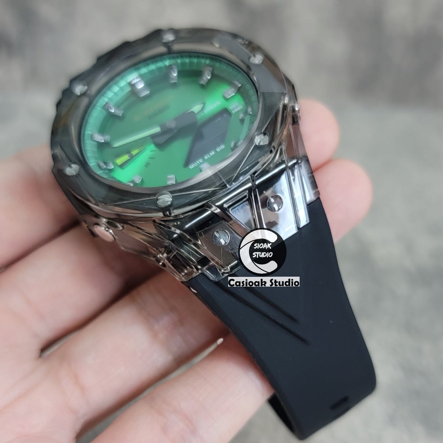 Casioak Mod Watch Black Transparent Case Black Strap Green Gunmetal Time Mark Green Dial 44mm- Casioak Mod Casio G-Shock Royal Oak Custom Mens Luxury Watches Ga2100