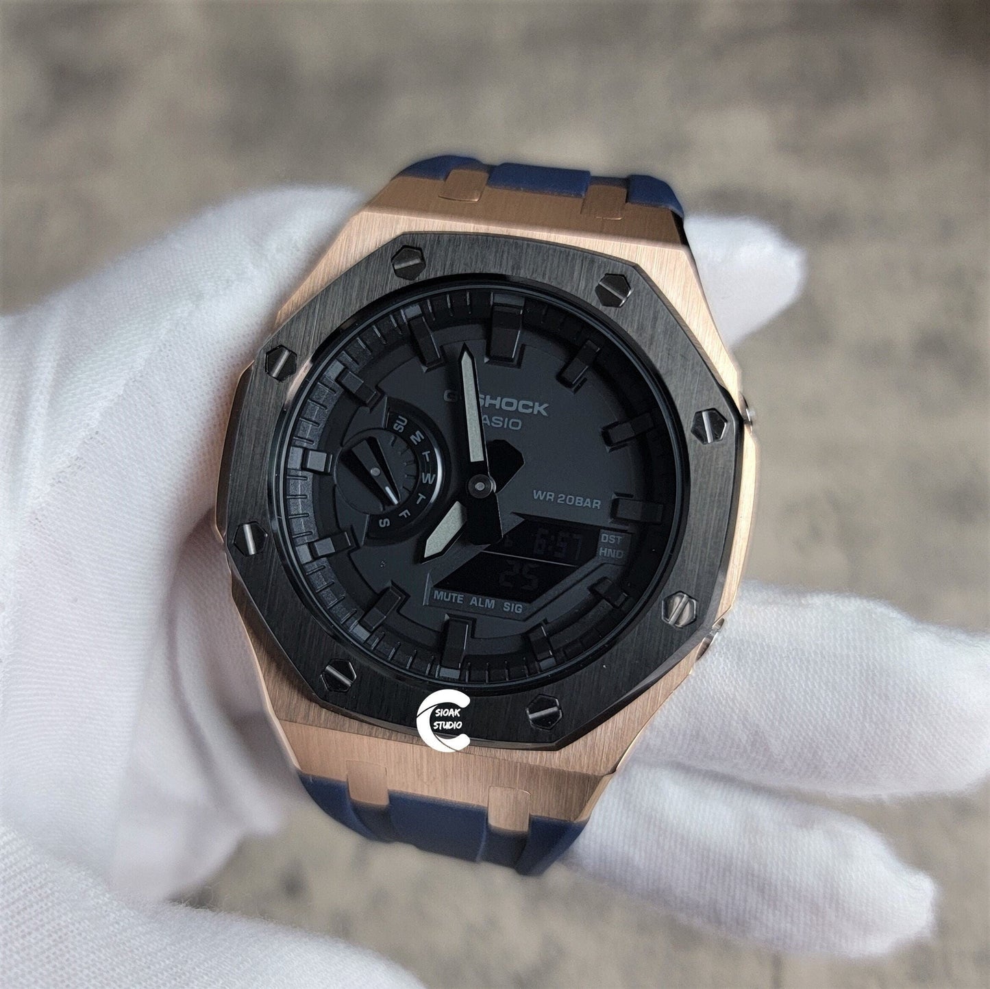 Casioak Mod Watch Blavk Rose Gold Case Blue Rubber Strap Black Time Mark Black Dial 44mm- Casioak Mod Casio G-Shock Royal Oak Custom Mens Luxury Watches Ga2100