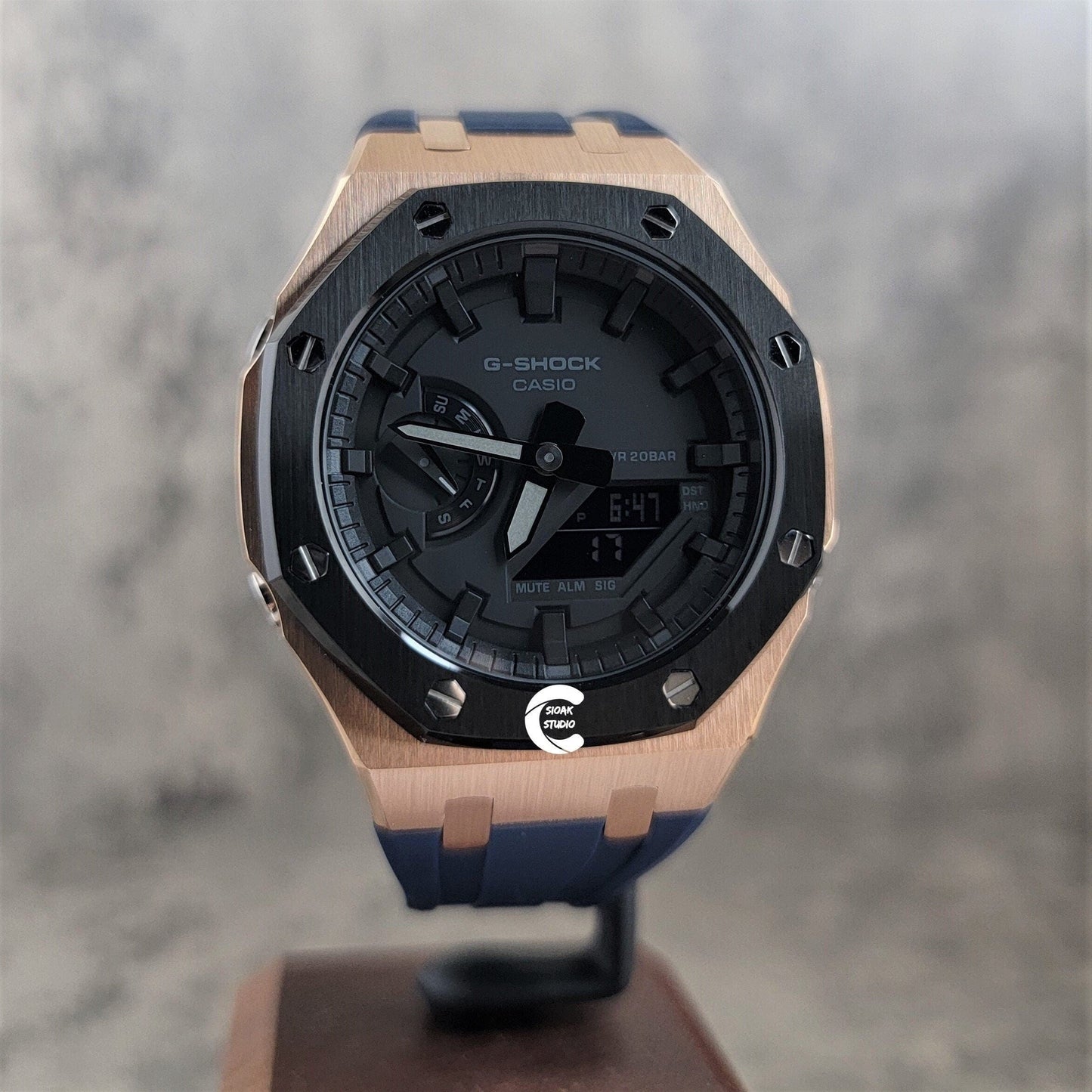 Casioak Mod Watch Blavk Rose Gold Case Blue Rubber Strap Black Time Mark Black Dial 44mm- Casioak Mod Casio G-Shock Royal Oak Custom Mens Luxury Watches Ga2100