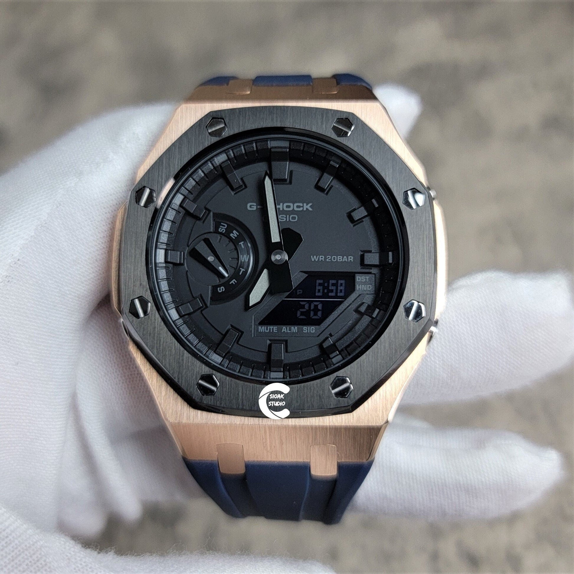 Casioak Mod Watch Blavk Rose Gold Case Blue Rubber Strap Black Time Mark Black Dial 44mm- Casioak Mod Casio G-Shock Royal Oak Custom Mens Luxury Watches Ga2100