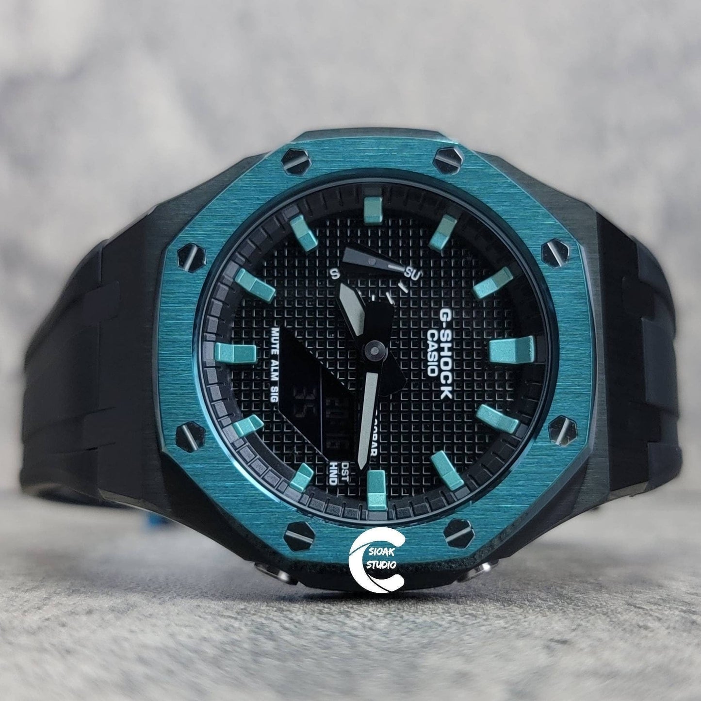 Casioak Mod Watch Blue Black Case Black Rubber Strap Black Turquoise Time Mark Black Dial 44mm- Casioak Mod Casio G-Shock Royal Oak Custom Mens Luxury Watches Ga2100