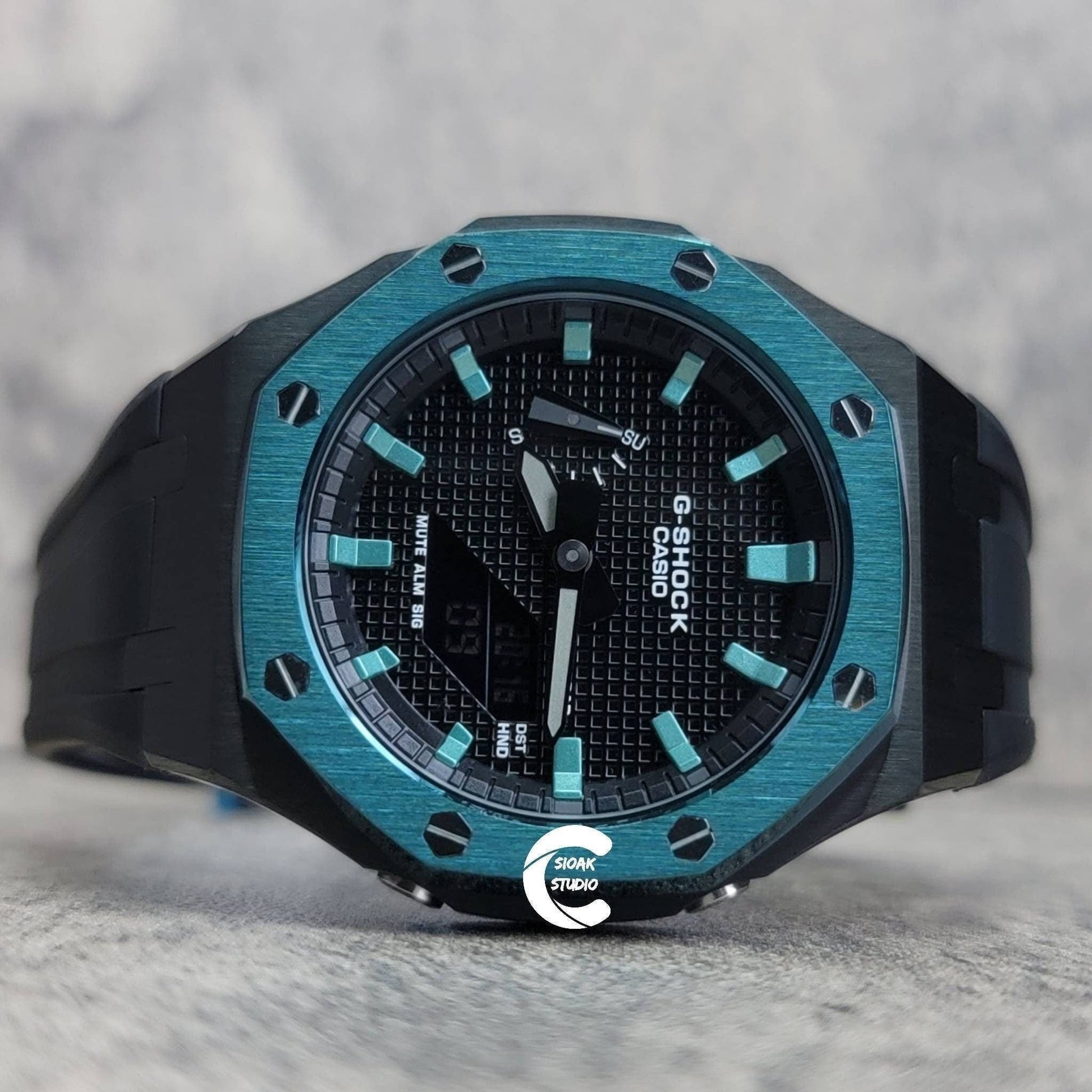 Casioak Mod Watch Blue Black Case Black Rubber Strap Black Turquoise Time Mark Black Dial 44mm- Casioak Mod Casio G-Shock Royal Oak Custom Mens Luxury Watches Ga2100