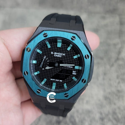 Casioak Mod Watch Blue Black Case Black Rubber Strap Black Turquoise Time Mark Black Dial 44mm- Casioak Mod Casio G-Shock Royal Oak Custom Mens Luxury Watches Ga2100