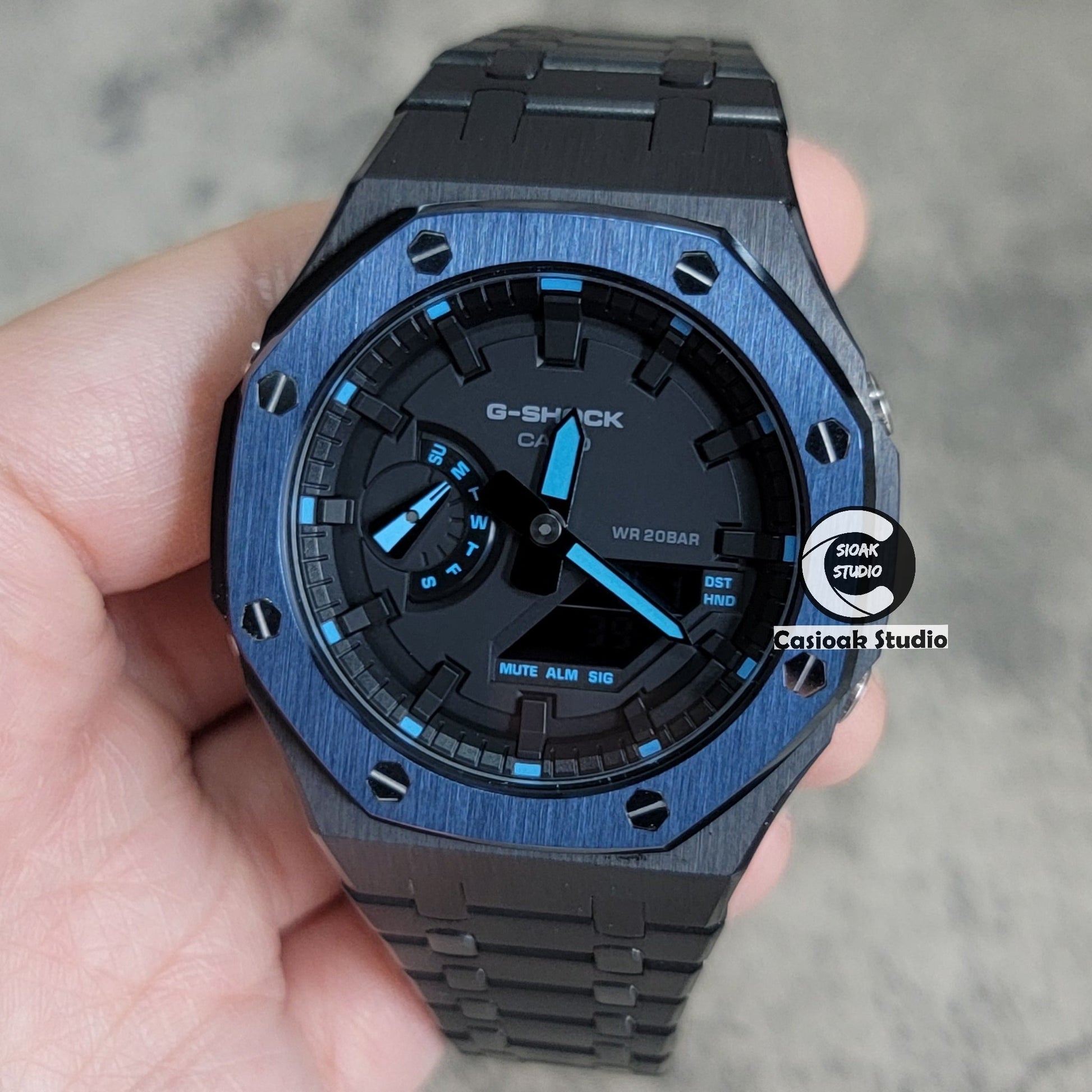 Casioak Mod Watch Blue Black Case Metal Strap Black Time Mark Black Dial 44mm- Casioak Mod Casio G-Shock Royal Oak Custom Mens Luxury Watches Ga2100