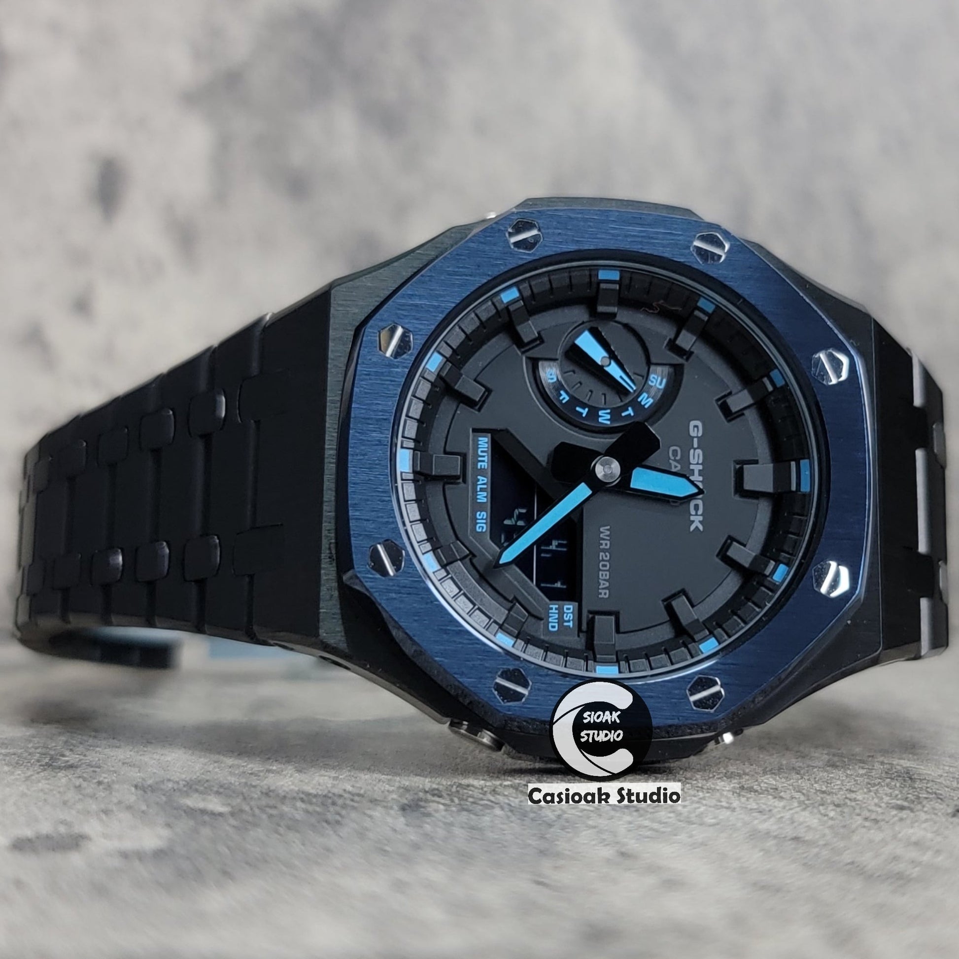 Casioak Mod Watch Blue Black Case Metal Strap Black Time Mark Black Dial 44mm- Casioak Mod Casio G-Shock Royal Oak Custom Mens Luxury Watches Ga2100